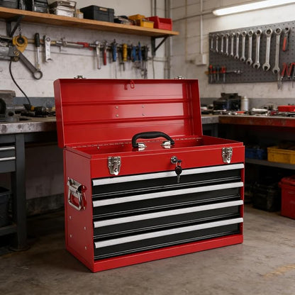 4 Drawers Metal Tool Box, 21'' Portable Metal Tool Box with EVA Liners & Auto-Locking Mechanism, Heavy Duty Steel Tool Chest with Ball-Bearing Drawer Slides & Convenient Top Handle, Red&Black
