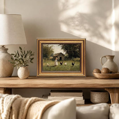 Devunaty Gold Framed Country Canvas Wall Art, Vintage Farm Girl with Chickens Poster Print, Rustic Landscape Painting Picture, Pastoral Farmhouse Artwork Wall Decor for Bedroom Nursery Bathroom 9x11in