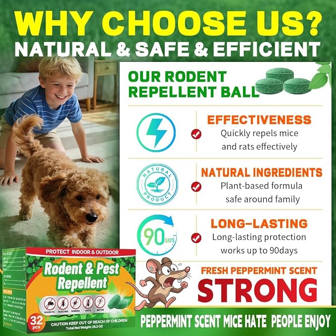 Rodent Mole Repellent Indoor Outdoor - 32 Packs Peppermint Essential Oil Extra Strength for Mice Rat Mouse Bug Spider Roach Repellent Pouches, Moth Balls Pest Control Natural Home Safe