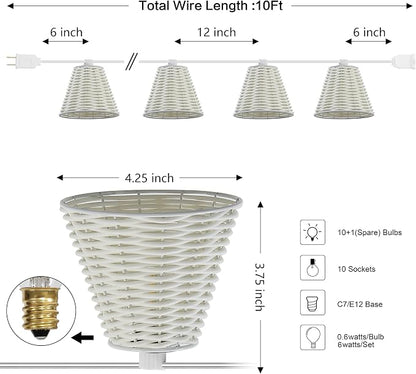 JONATHAN Y 10' White 10-Light Indoor/Outdoor LED String Lights for Patio, Classic Cottage Faux-Rattan Shaded Hanging Lights for Balcony, Deck, Coastal Decor (JYL8706B)