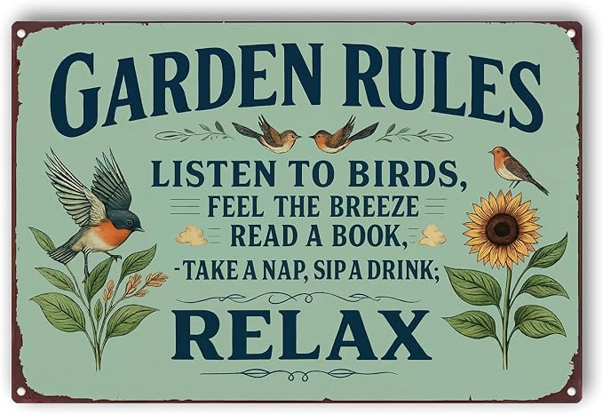 Garden Rules Metal Sign, Vintage Relax Garden Wall Art with Bird Sunflower, Retro Outdoor Decor Plaque for Patio Porch Yard She Shed Greenhouse Home Garden Decor 8x12 Inch