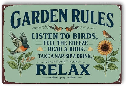 Garden Rules Metal Sign, Vintage Relax Garden Wall Art with Bird Sunflower, Retro Outdoor Decor Plaque for Patio Porch Yard She Shed Greenhouse Home Garden Decor 8x12 Inch