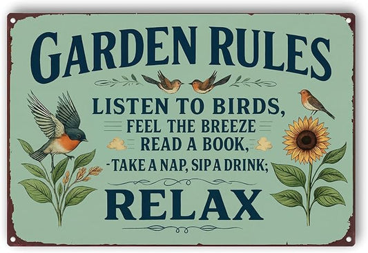 Garden Rules Metal Sign, Vintage Relax Garden Wall Art with Bird Sunflower, Retro Outdoor Decor Plaque for Patio Porch Yard She Shed Greenhouse Home Garden Decor 8x12 Inch