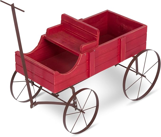 Shine Company Decorative Wagon Garden Planter, Wooden Wagon Yard Décor for Outdoor Plants, Small, Red