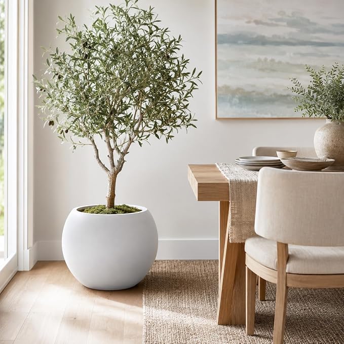 13.5" H x 17" Dia White Fiberstone Planter Pot with Drainage Hole, Large Round Indoor Outdoor Flower Pot for Artificial Olive Trees, Large Plants, Decorative Planter for Patio, Porch & Garden