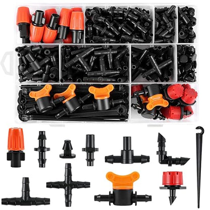 230 Pcs 1/4 Inch Drip Irrigation Fittings Kit, 1/4" Dripline Complete Barbed Connectors- Nozzles, Micro Drips, Nozzle Tees, Single Barbs, Couplers, Tees, Valves, Elbows, Plugs, Crosses, Stakes