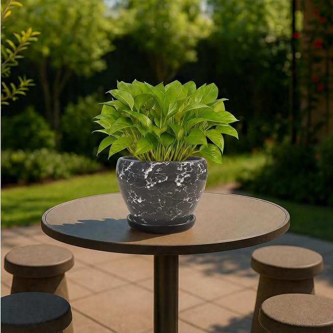 Deep Dream 6 Inch Plant Pots- Ceramic Planter Pot with Drainage Hole and Saucer, Round Flower Pot for Indoor Outdoor Succulent, Snake Plants and Cactus, Gemstone Gray