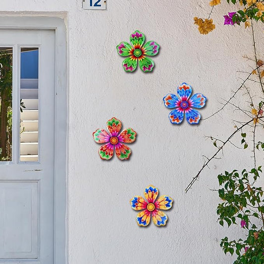 Giyyomtr Metal Flowers Wall Decor - 4pcs 6.2'' Metal Wall Art Hanging Decorations for Outdoor Fence Garden Yard Patio Exterior Home Wall Decor