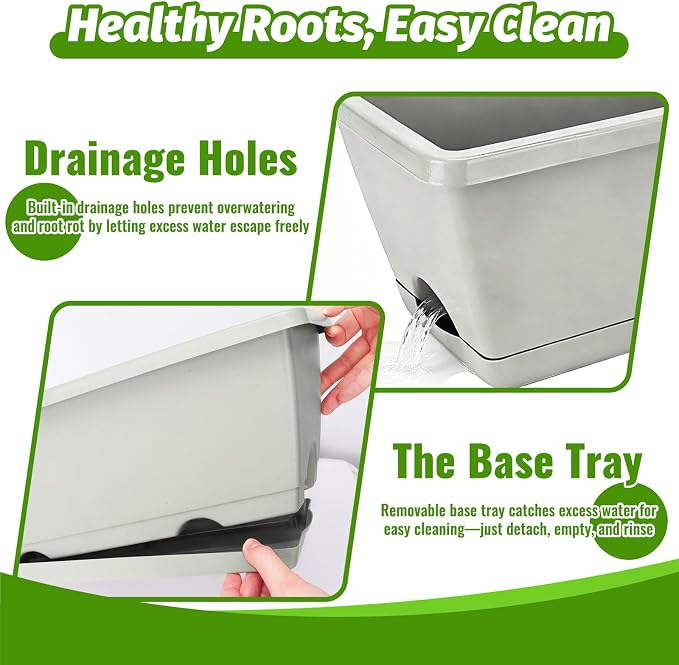 7 Pack Outdoor Planters, Plastic Rectangular Flower Pots with Saucers and Gardening Tools, 17 Inches for Indoor/Outdoor Plants, Herbs, Vegetables, Includes Trowel, Waterproof Mat & Gloves(Offwhite)