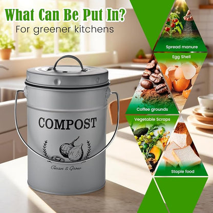 AOSION 1 Gallon Countertop Compost Bin for Kitchen with Lid,Odor Resistant | Farmhouse compost bin with charcoal filter,inner bucket and bags,easy kitchen food waste storage