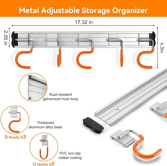 HUPBIPY 34.5'' Aluminum Alloy Garden Tool Organizer Wall Mount Garage Organizers and Storage with Hooks Tool Hangers for Shed Hooks for Shovel, Rake, Broom & More