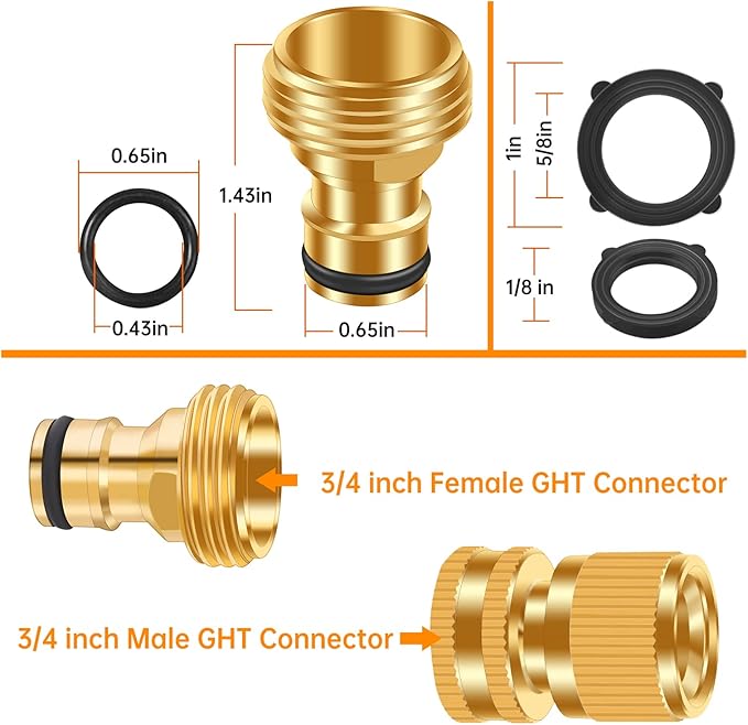 Garden Hose Quick Connector, No-Leak 3/4 Inch GHT Thread Fitting Water Hose Female Adapter and Male Adapter, Heavy-Duty Rust Resistant Brass Water Pipe Connect, Easy to Use (6 Pack ）