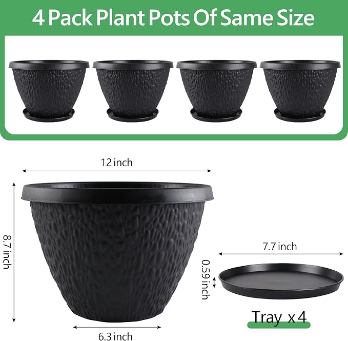 Nooulap 4 Pack 12 inch Plant Pots for Outdoor Indoor, Flower Pots with Drainage Holes & Saucer, Large Outdoor Planters for Garden Porch Balcony (Black)
