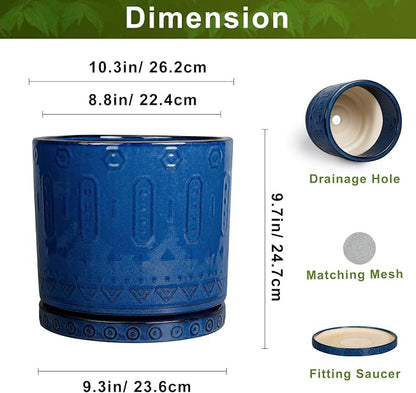 Eightpot 10 Inch Plant Pot - Ceramic Planter Outdoor Plant Pot Indoor with Drainage Holes and Saucer Large Flower Pot Round Decorative Planter for Garden Patio Decor Blue