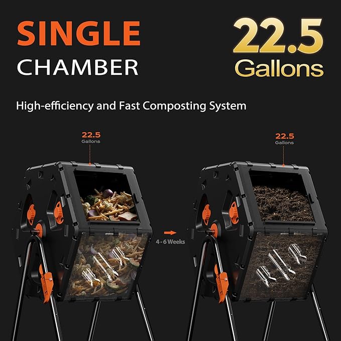 Compost Tumbler 22.5 Gallon/85L, Easy Assemble Compost Bin Outdoor, 360°Rotating Composter for Garden, Backyard, and Yard, Gifts for Seasoned Gardeners & Beginners-Orange