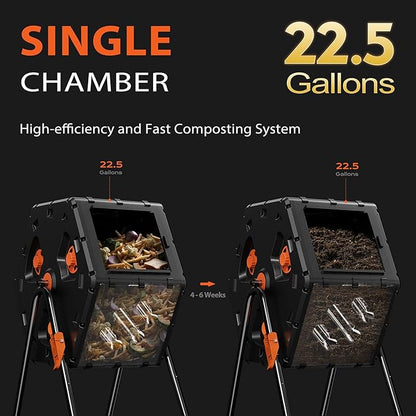 Compost Tumbler 22.5 Gallon/85L, Easy Assemble Compost Bin Outdoor, 360°Rotating Composter for Garden, Backyard, and Yard, Gifts for Seasoned Gardeners & Beginners-Orange