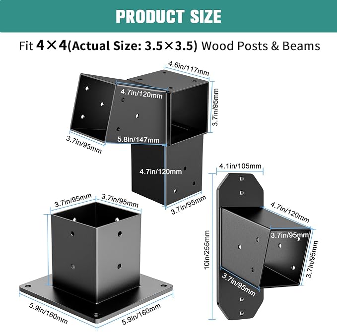 2 Pack Stainless Steel 15° Slanted roof pergola Bracket, firewood Sheds roof kit (3-Way End Corner), black
