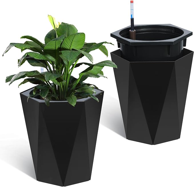IDEALHOUSE 16" Tall Planters, Self-Watering Planters with Water Level Monitor and Drainage Hole, Large Outdoor Planters for Living Room, Bedroom Office, Patio, Porch, Garden, Set of 2