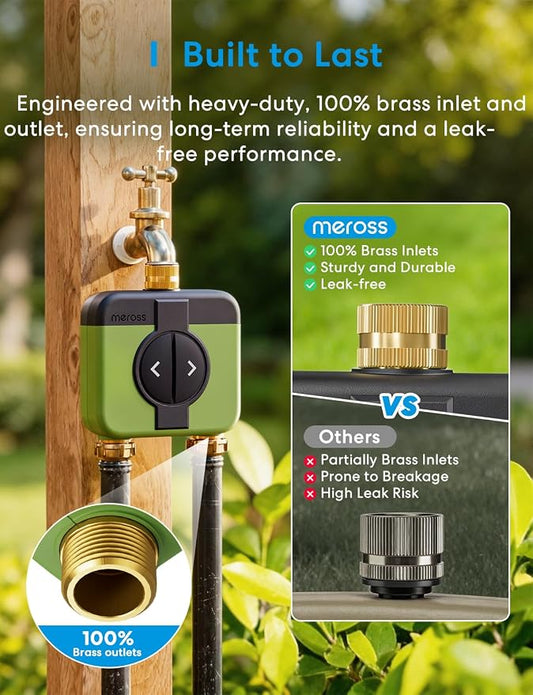meross WiFi Water Timer for Garden Hose, 2 Zone WiFi Hose Timer with Brass Inlet and Outlet, WiFi Sprinkler Controller, Rain Delay, Smart Water Valve for Garden, Lawn & Yard, Hub Required