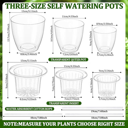 24 Pcs Self Watering Pots, 3.5/4.3/5.1'' Plastic Flower Plant Pot with Inner Pot Self Watering Wick Planter Clear Flower Pots for Indoor House Plants Herb Flowers Succulents (Transparent)