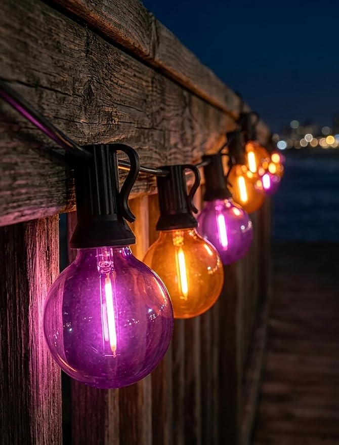25 LED Outdoor String Lights, 25Ft Halloween Decoration Lights | Shatterproof Orange Purple G40 Bulbs, Connectable, Plug in, UL Certified, Hanging Halloween Lights for Home Decor Patio