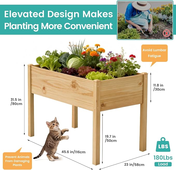 SUNYRISY Wooden Raised Garden Bed Outdoor with Legs for Gardening, 45.6" L x 23.6" W x 31.5" H Elevated Planter Garden Box Raised Bed for Planting Vegetable Flower Herb