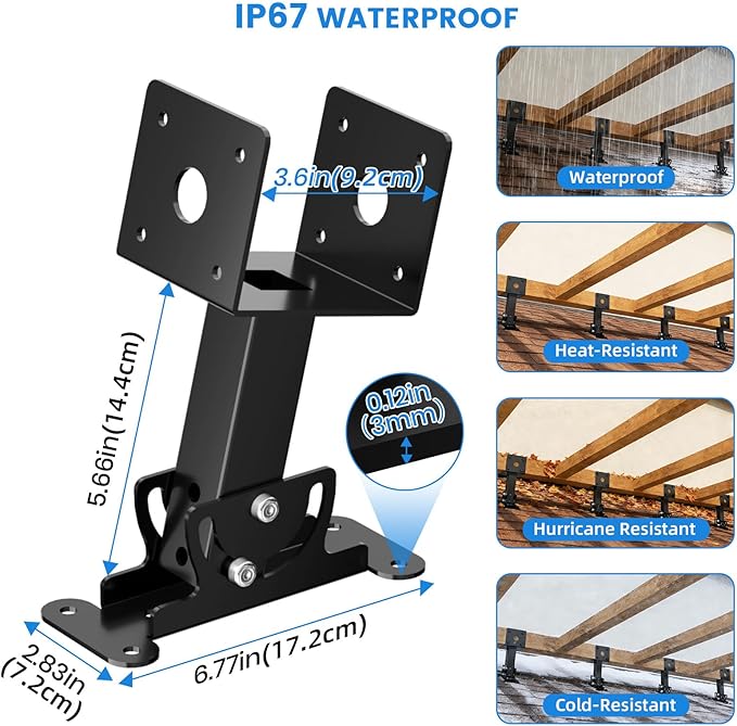 4 Pcs 4“x 4" Roof Riser Brackets Kit(ID 3.6"x3.6"), Heavy Duty Adjustable Angle Pergola Brackets of 0 to 180 Degrees Pergola Kit, Black Powder-Coated Fit 4x4,4x6 Lumber for Patio Gazebos/Pergolas