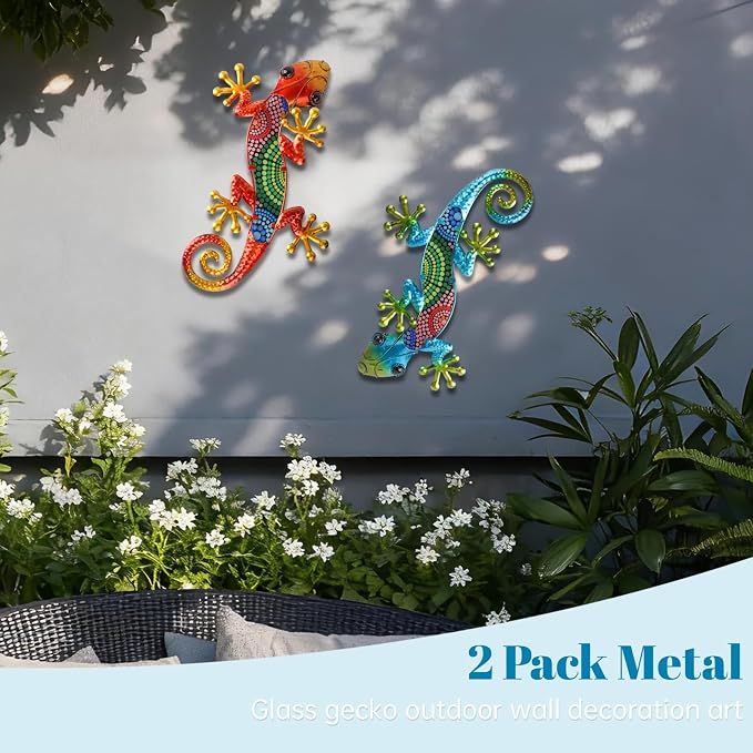 WANFSOWO 3D Metal Gecko Wall Art, Hand-Painted Colorful Lizard Wall Sculpture, Indoor Outdoor Hanging Decor for Garden Fence Patio Porch Backyard, Home Decor Gift (Style 1)