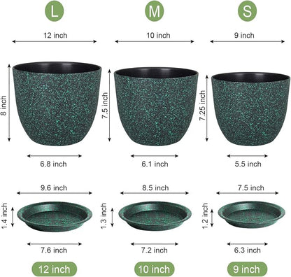 WSMKSZ Large Flower Pots 12/10/9 inch, Set of 3 Decorative Plastic Planters with Drainage Holes and Saucers for Garden House Plants, Plant Pots for Indoor Outdoor Plants, Black with Green Speckles