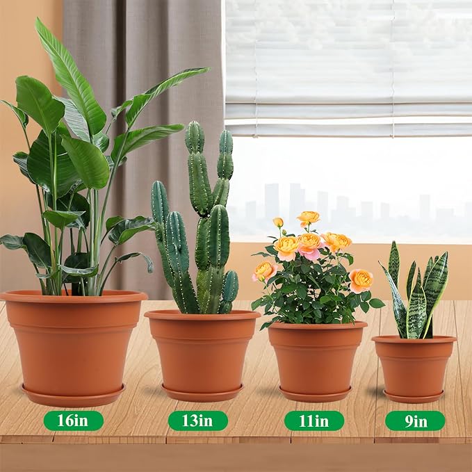 Pottiffe 11 Inch Plastic-Flower-Pot-for-Indoor-Plants, 4 Pack Large Outdoor Planter Pot with Drainage Holes & Saucers, Resin Decorative Garden Pots Planters