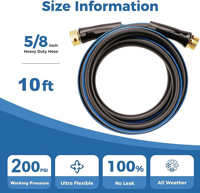 SheeChung Garden Hose 10ft x 5/8",Short Water Hose for Hose Reel Faucet,Lightweight,Leak Free,Flexible Leader Hose,Rubber Hose with Male to Female Fittings,3/4"GHT
