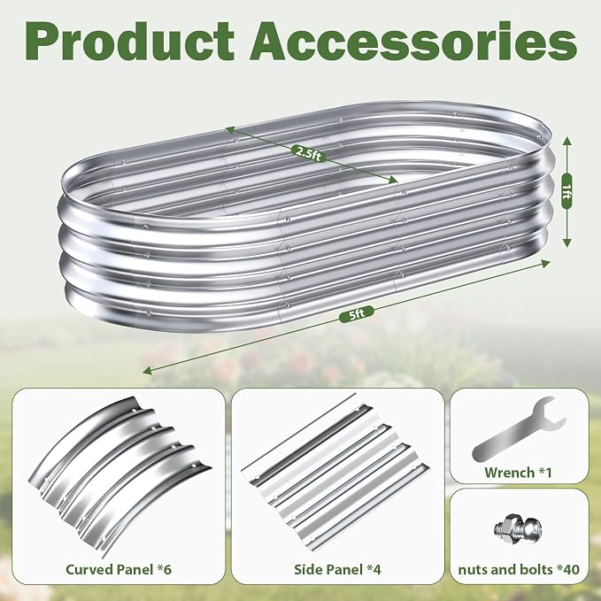 Galvanized Raised Garden Bed Outdoor, 5x2.5x1ft Metal Heavy Duty Planter Boxes for Gardening, Easy Assemble Small Oval Plant Container Kit for Vegetables, Flowers, Fruits, Silver, 1 Pack