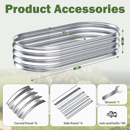 Galvanized Raised Garden Bed Outdoor, 5x2.5x1ft Metal Heavy Duty Planter Boxes for Gardening, Easy Assemble Small Oval Plant Container Kit for Vegetables, Flowers, Fruits, Silver, 1 Pack