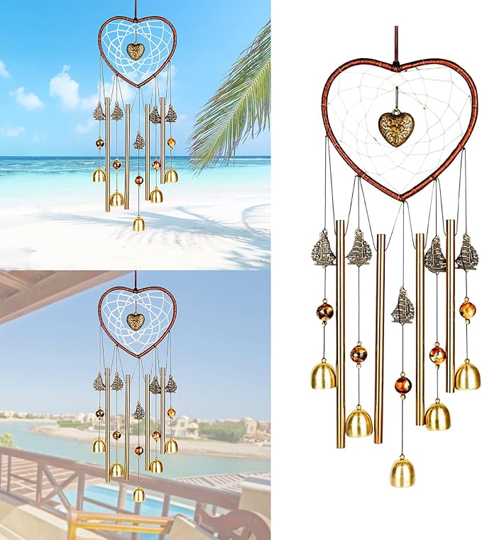 Unique Sweet Heart Dream Catcher Wind Chimes Brass Bell for Outdoor Garden Home Hanging Decoration…