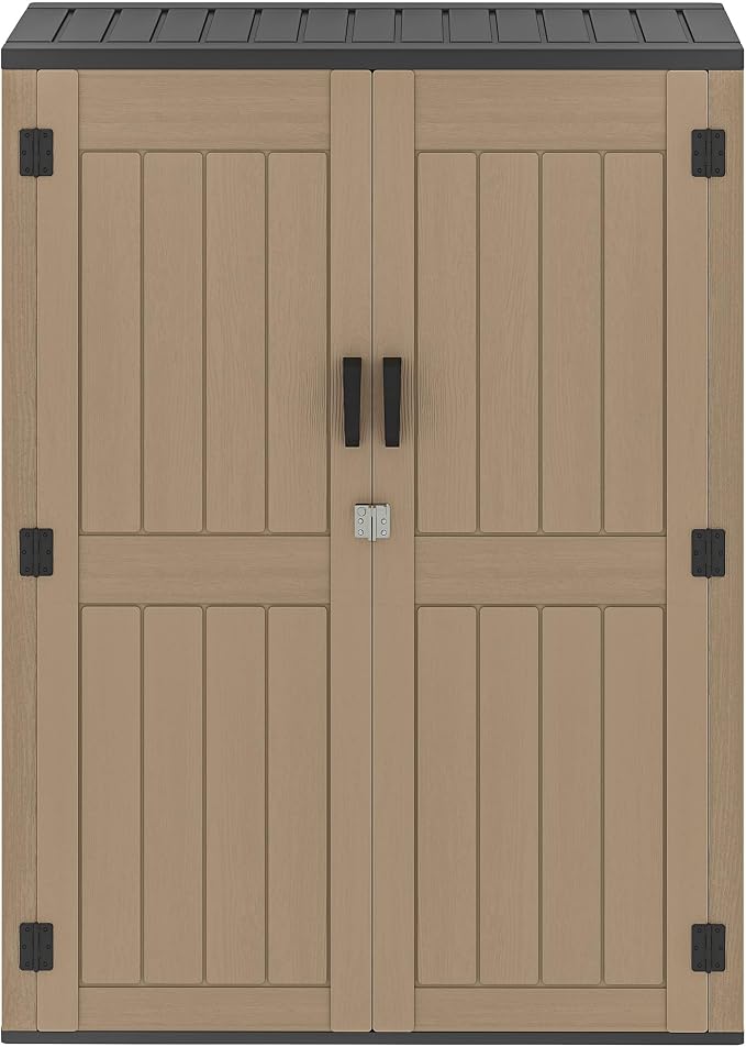 DWVO 59 Cu. Ft. Vertical Storage Shed, Weatherproof Outdoor Tall Cabinet with Double-Wall Panels and Floor, Lockable Resin Shed for Garden, Garage, Patio,Brown (Shelves Not Included)