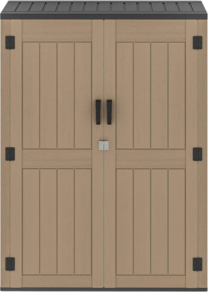 DWVO 59 Cu. Ft. Vertical Storage Shed, Weatherproof Outdoor Tall Cabinet with Double-Wall Panels and Floor, Lockable Resin Shed for Garden, Garage, Patio,Brown (Shelves Not Included)