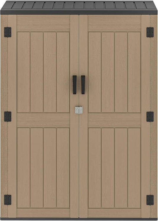 DWVO 59 Cu. Ft. Vertical Storage Shed, Weatherproof Outdoor Tall Cabinet with Double-Wall Panels and Floor, Lockable Resin Shed for Garden, Garage, Patio,Brown (Shelves Not Included)