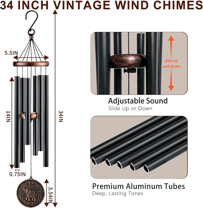 34" Elephant Wind Chimes for Outside, Deep Tone Garden Decor | Deep B tones, adjustable striker, weather-resistant finish, double-sided dragonfly, gift boxed and ready to hang
