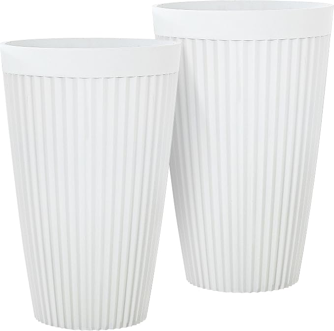 2-Pack 20" Matt White Resin Tall Planters with Fluted Texture | Set of 2 resin tall planters with ceramic look, fluted texture, drainage plugs, and UV-resistant finish for porch or patio