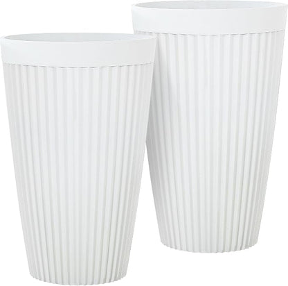 2-Pack 20" Matt White Resin Tall Planters with Fluted Texture | Set of 2 resin tall planters with ceramic look, fluted texture, drainage plugs, and UV-resistant finish for porch or patio