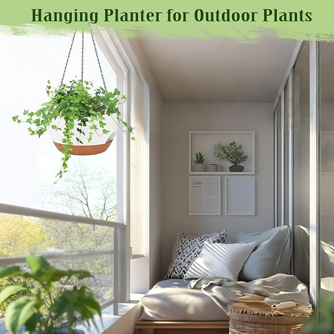10 Inch Self Watering Hanging Planters with Metal Chain & Macrame Hangers | Reservoir, Drainage Holes, Hanging Planter Basket for Indoor & Outdoor Plants, White