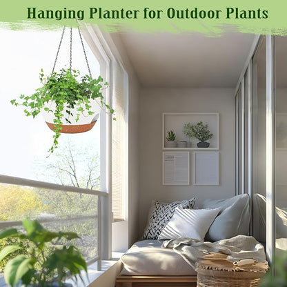 10 Inch Self Watering Hanging Planters with Metal Chain & Macrame Hangers | Reservoir, Drainage Holes, Hanging Planter Basket for Indoor & Outdoor Plants, White