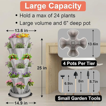 GameXcel Vertical Planter Tower - 6 Tier Stackable Garden Planters with Wheels and Tools Plant Pots for Strawberry Herb Flower and Vegetable Indoor Outdoor Use Gray