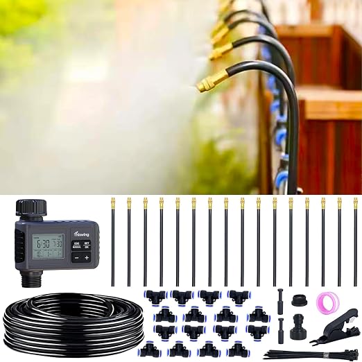 360° Adjustable Drip Irrigation System - 50 FT Automatic Garden Watering System with 16 Nozzles & Water Timer, Raised Bed Sprinkler System, Garden Mister for Yard, Lawn, Plants, 5/16" Tubing