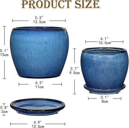GnFlus Blue Ceramic Planter Pots with Drainage Holes, 5 Inch + 4 Inch Set of 2, Flower Plants Pot with Saucers Tray Planter Garden Pot for Succulent Cactus Home Decoration Gift Indoor Outdoor