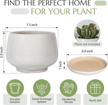 7.5 Inch Flower pots for Indoor Outdoor Plants with Saucer Drainage Leak-Proof Mesh, Ceramic Planter with Gardening Gloves for Succulent and Flower(Matte White)