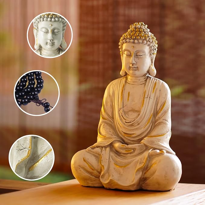 Goodeco 11.4 Meditating Zen Buddha Statue Figurine Sculpture - Indoor/Outdoor Decor for Home,Garden,Polyresin (White)