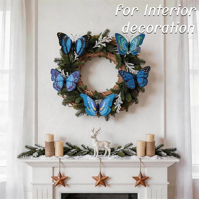 30PCS Blue Butterfly Decorations Artificial Garden Stakes for Garden Decor | 3D Double Layer Waterproof Flower Arrangements Outdoor Indoor Spring Garden Decor