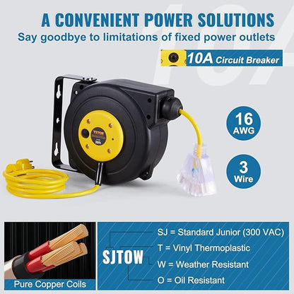 VEVOR Retractable Extension Cord Reel, 30 FT, Heavy Duty 16AWG/3C SJTOW Retractable Power Cord Reel with Lighted Triple Tap Outlet 10 Amp Circuit Breaker 4.5FT Lead-in Cord, for Ceiling or Wall Mount