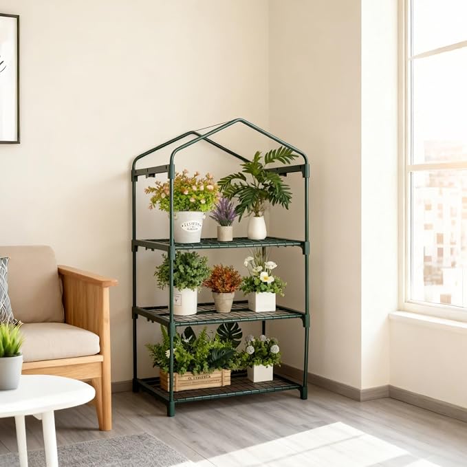 Mini Greenhouse for Indoor Outdoor, Small Plants Green House with 3 Tier Shelves, Portable Plastic Greenhouses with Transparent PVC Cover for Garden Backyard Patio Balcony Porch